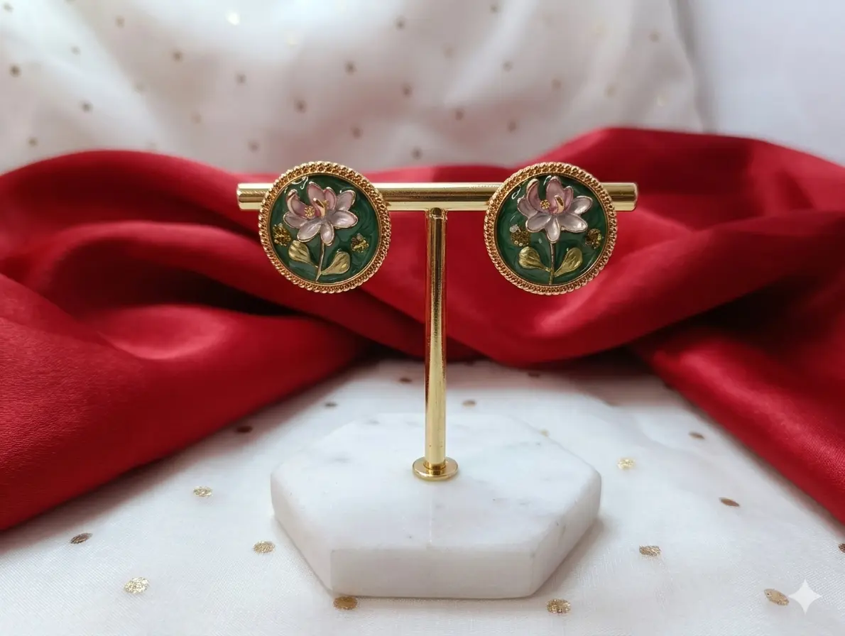 Vintage Bloom Green Medallion Studs | Hand-Painted Floral Cameo Earrings with Gold Beaded Border